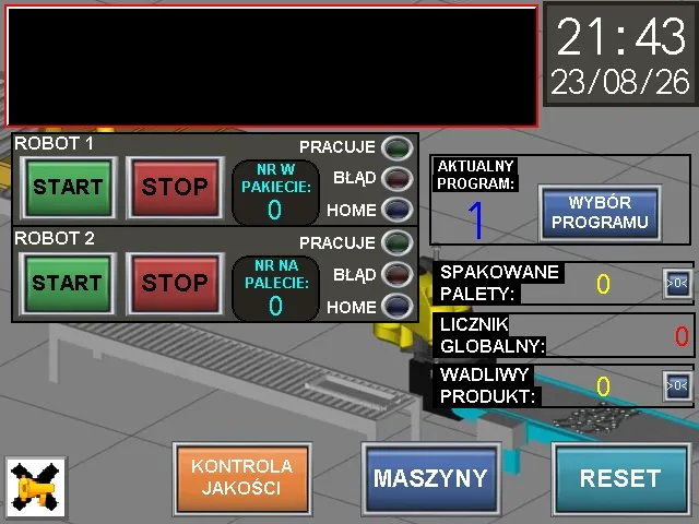 Podgląd panelu HMI Mitsubishi GOT2000 dla aplikacji z 2 robotami